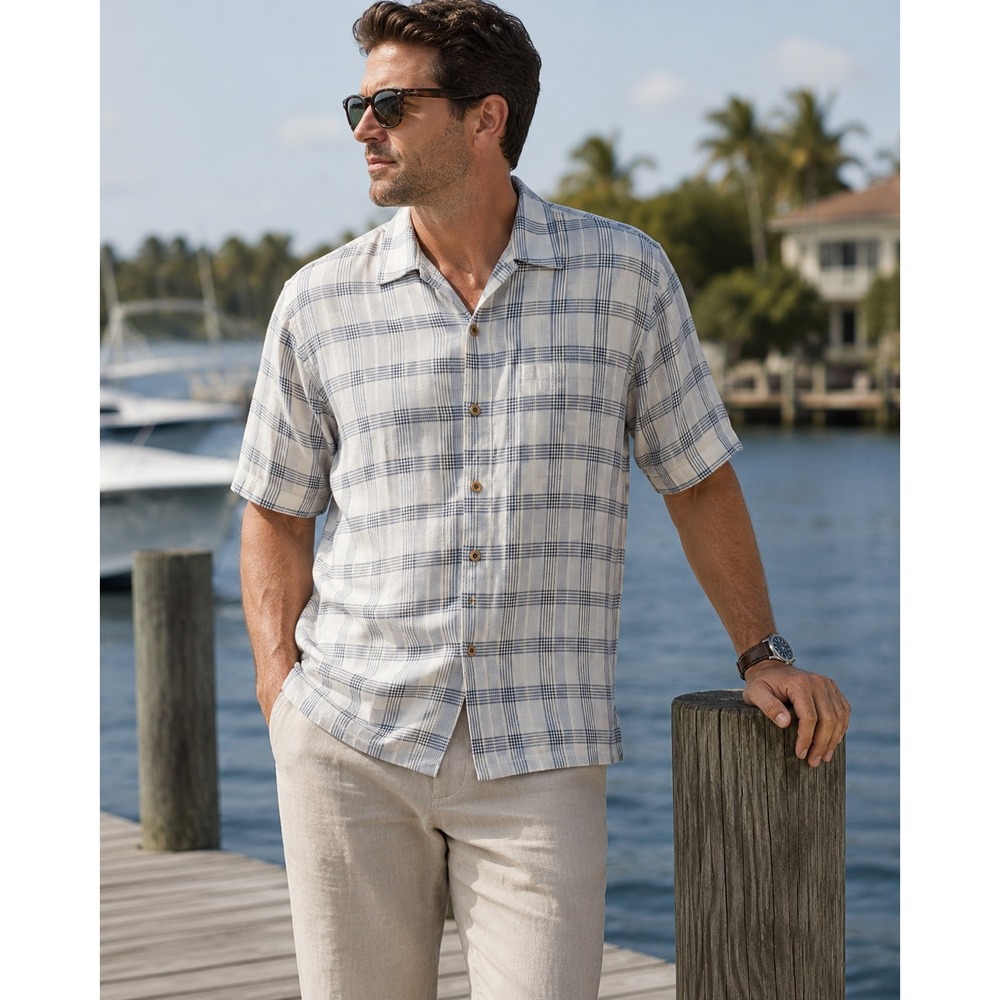 Tommy Bahama Mens Large Silk Short Sleeve Plaid Camp Button Up Shirt Blue White